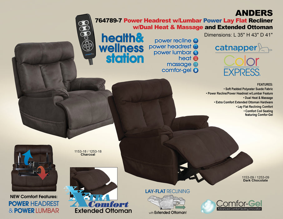 Catnapper - Anders Power Headrest w/Lumbar Power Lay Flat Recliner w/Dual Heat in Charcoal - 764789-7-CHA