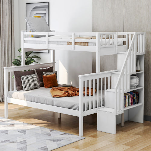 GFD Home - Twin-Over-Full Bunk Bed with Storage and Guard Rail for Bedroom, White - LP000019AAK