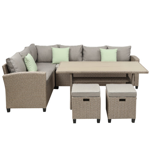 GFD Home - Patio Furniture Set, 5 Piece Outdoor Conversation Set All Weather Wicker Sectional Sofa Couch Dining Table Chair with Ottoman in Beige - WY000076DAA
