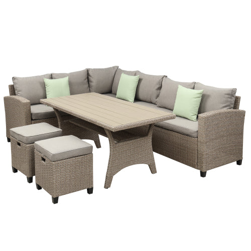 GFD Home - Patio Furniture Set, 5 Piece Outdoor Conversation Set All Weather Wicker Sectional Sofa Couch Dining Table Chair with Ottoman in Beige - WY000076DAA