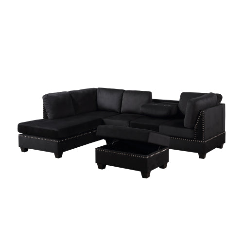 GFD Home - Reversible Sectional Sofa Space Saving with Storage Ottoman Rivet Ornament L-shape Couch in Black - SG000406AAA