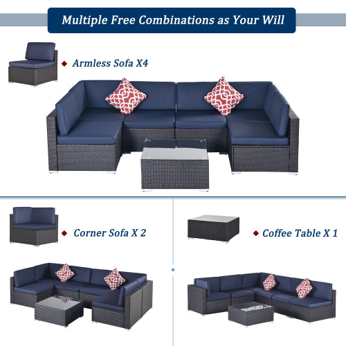GFD Home - Outdoor Garden Patio Furniture 7-Piece PE Rattan Wicker Sectional Cushioned Sofa Sets in Navy - W213S00044