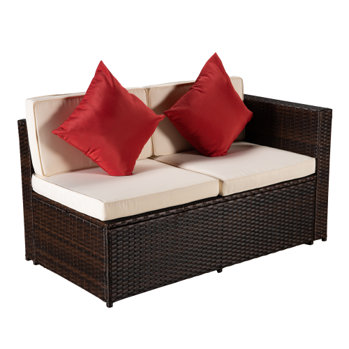 GFD Home - Outdoor Garden Patio Furniture 4-Piece Brown PE Rattan Wicker Sectional Beige Cushioned Sofa Sets with 2 Red Pillows and Coffee Table - W685S00001