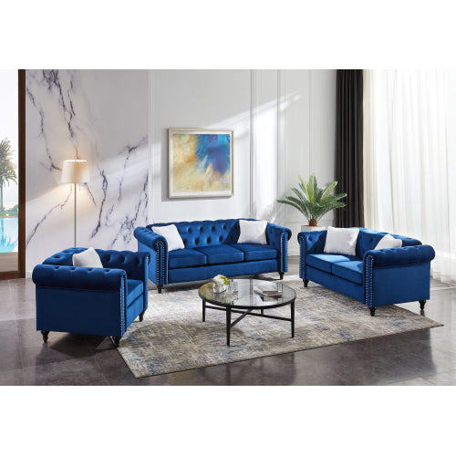 GFD Home - 3 Piece Living Room Sofa Set, including 3-seater sofa, loveseat and sofa chair, with button and copper nail on arms and back - W487S00028