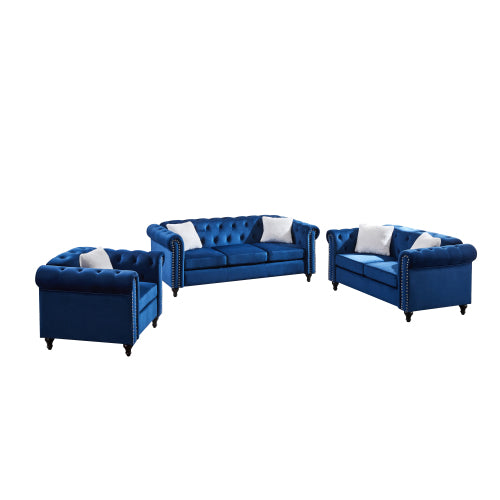 GFD Home - 3 Piece Living Room Sofa Set, including 3-seater sofa, loveseat and sofa chair, with button and copper nail on arms and back - W487S00028