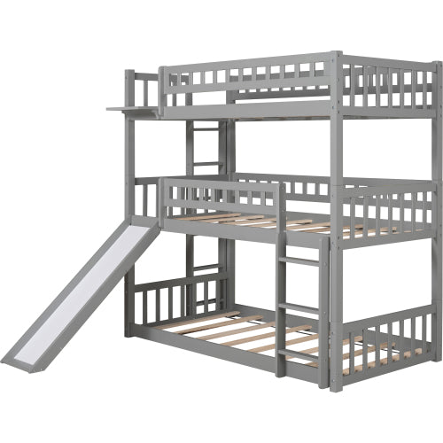 GFD Home - Twin Over Twin Over Twin Bed, L-shaped Bunk Bed, Pine Wood Bed Frame, Gray - SM000224AAE