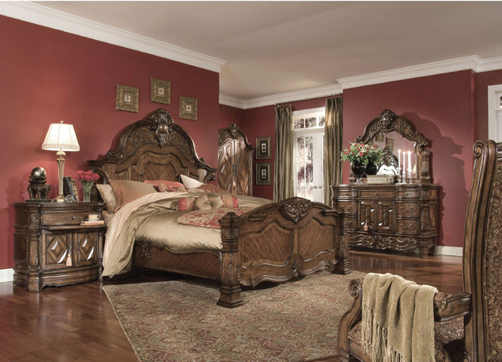 AICO Furniture - Windsor Court 4 Piece Queen Mansion Bedroom Set in Vintage Fruitwood - 70000QNMB-54-4SET