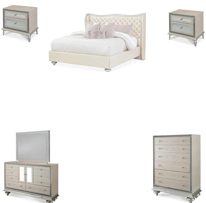 AICO Furniture - Hollywood Swank 6 Piece Eastern King Platform Bedroom Set in Creamy Pearl - 03000NEKUP3-14-6SET