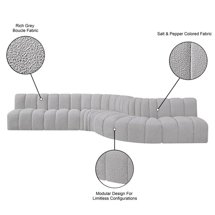 Meridian Furniture - Arc 170" Grey Boucle Fabric Upholstered 7pc. Sectional - 102Grey-S7C - GreatFurnitureDeal