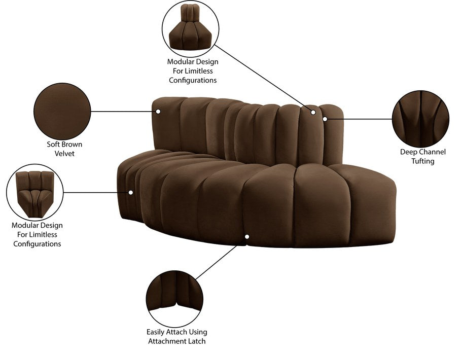 Meridian Furniture - Arc 77" Brown Velvet Upholstered 3pc. Sectional - 103Brown-S3E - GreatFurnitureDeal