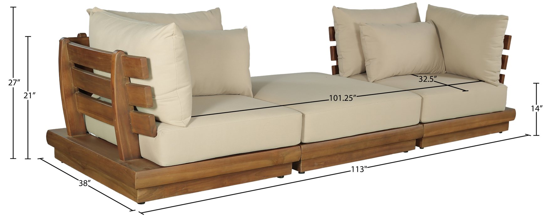 Meridian Furniture - Mirella 113" Tan Water Resistant Fabric Upholstered 3pc. Outdoor Patio Sofa - 111Tan-S3E - GreatFurnitureDeal