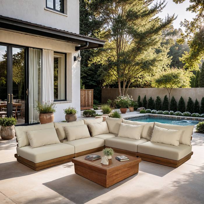 Meridian Furniture - Mirella 112" Tan Water Resistant Fabric Upholstered 5pc. Outdoor Patio Sectional - 111Tan-Sec5D - GreatFurnitureDeal