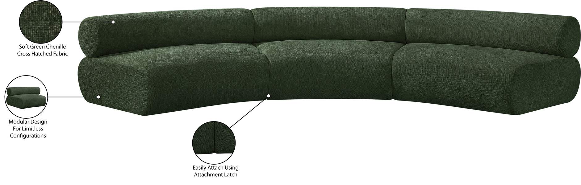 Meridian Furniture - Bale 152" Green Chenille Fabric Upholstered 3 pc. Sectional - 114Green-S3A - GreatFurnitureDeal