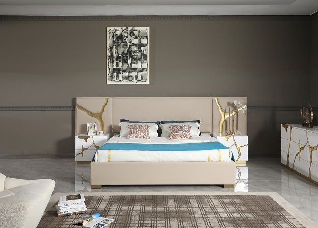 VIG Furniture - Modrest Aspen Glam Beige Bonded Leather & Gold Bed - VGVC-BD1801-BG-BED - GreatFurnitureDeal