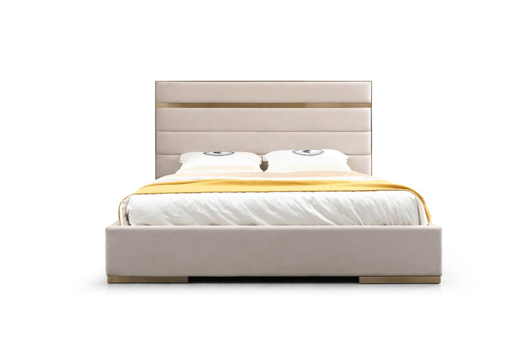 VIG Furniture - Modrest Cartier Modern Beige Velvet and Brushed Brass Queen Bed - VGVC-BDAD02-BGE-BB-BED-Q - GreatFurnitureDeal