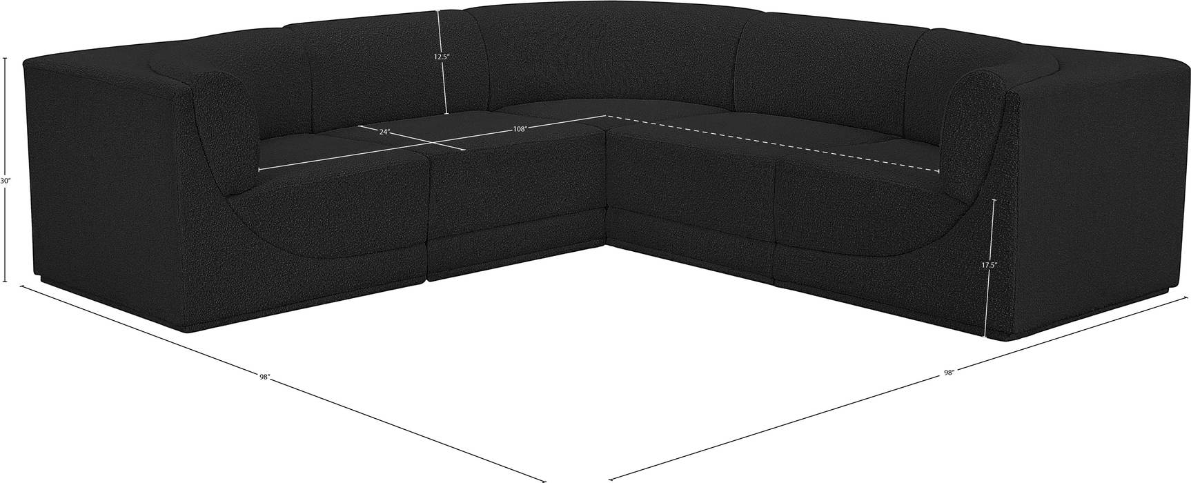 Meridian Furniture - Ollie 98" Black Boucle Fabric Upholstered 5pc. Sectional - 118Black-Sec5B - GreatFurnitureDeal