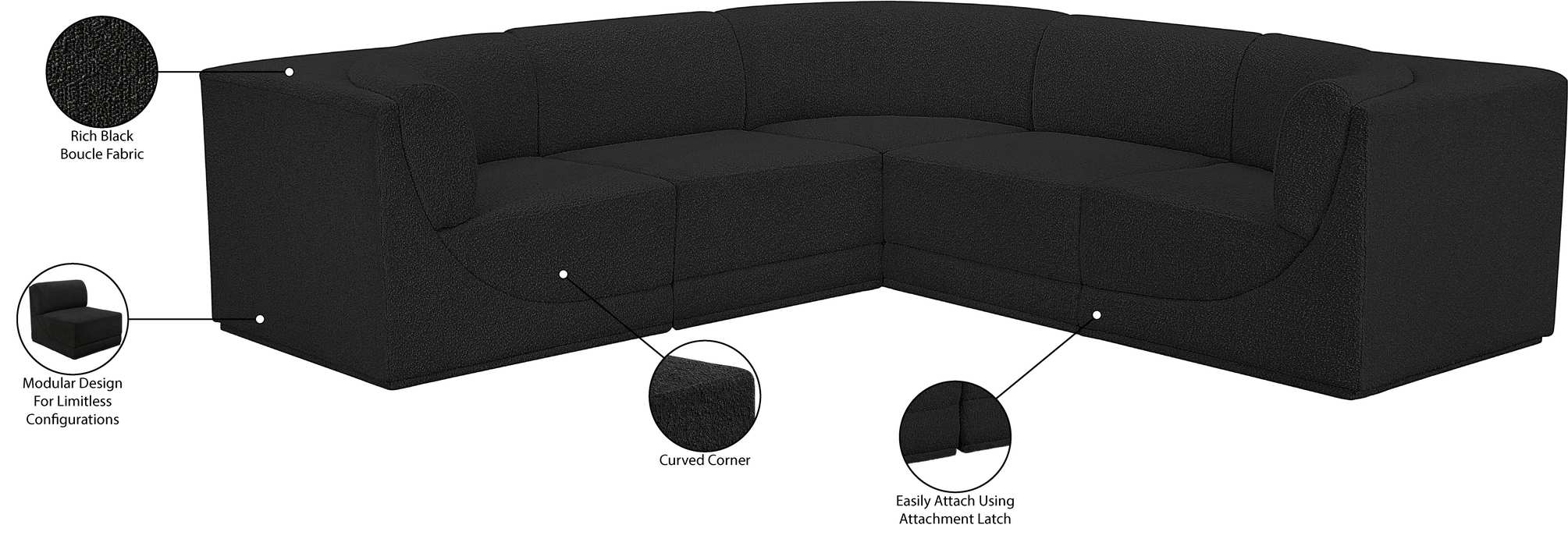 Meridian Furniture - Ollie 98" Black Boucle Fabric Upholstered 5pc. Sectional - 118Black-Sec5B - GreatFurnitureDeal