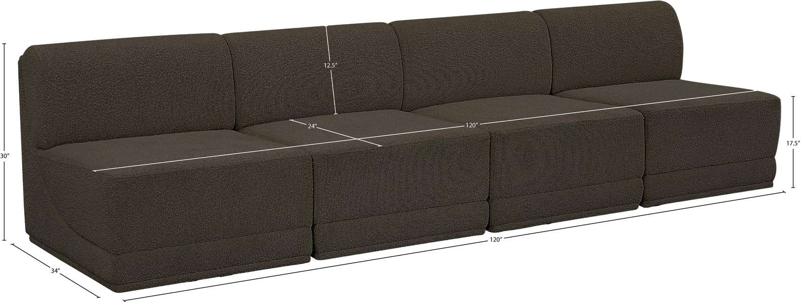 Meridian Furniture - Ollie 120" Brown Boucle Fabric Upholstered 4pc. Armless Sofa - 118Brown-S120 - GreatFurnitureDeal