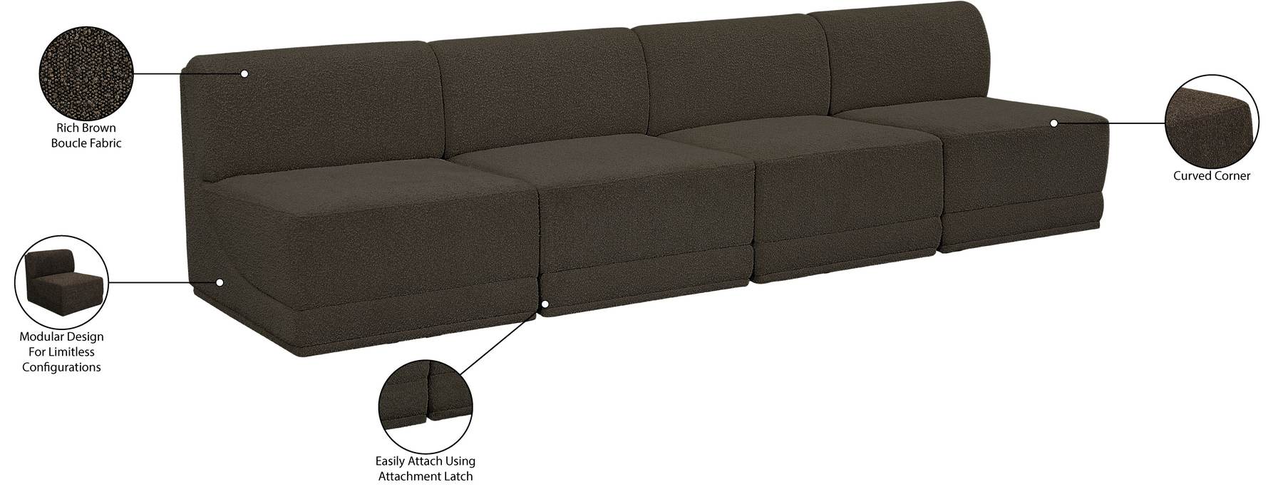 Meridian Furniture - Ollie 120" Brown Boucle Fabric Upholstered 4pc. Armless Sofa - 118Brown-S120 - GreatFurnitureDeal