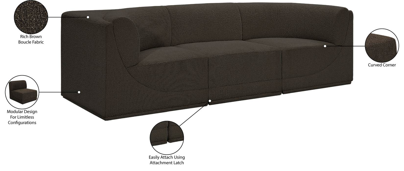 Meridian Furniture - Ollie 98" Brown Boucle Fabric Upholstered 3pc. Sofa - 118Brown-S98 - GreatFurnitureDeal
