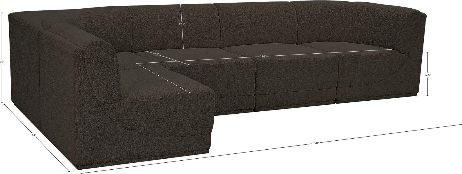 Meridian Furniture - Ollie 128" Brown Boucle Fabric Upholstered 5pc. Sectional - 118Brown-Sec5A - GreatFurnitureDeal