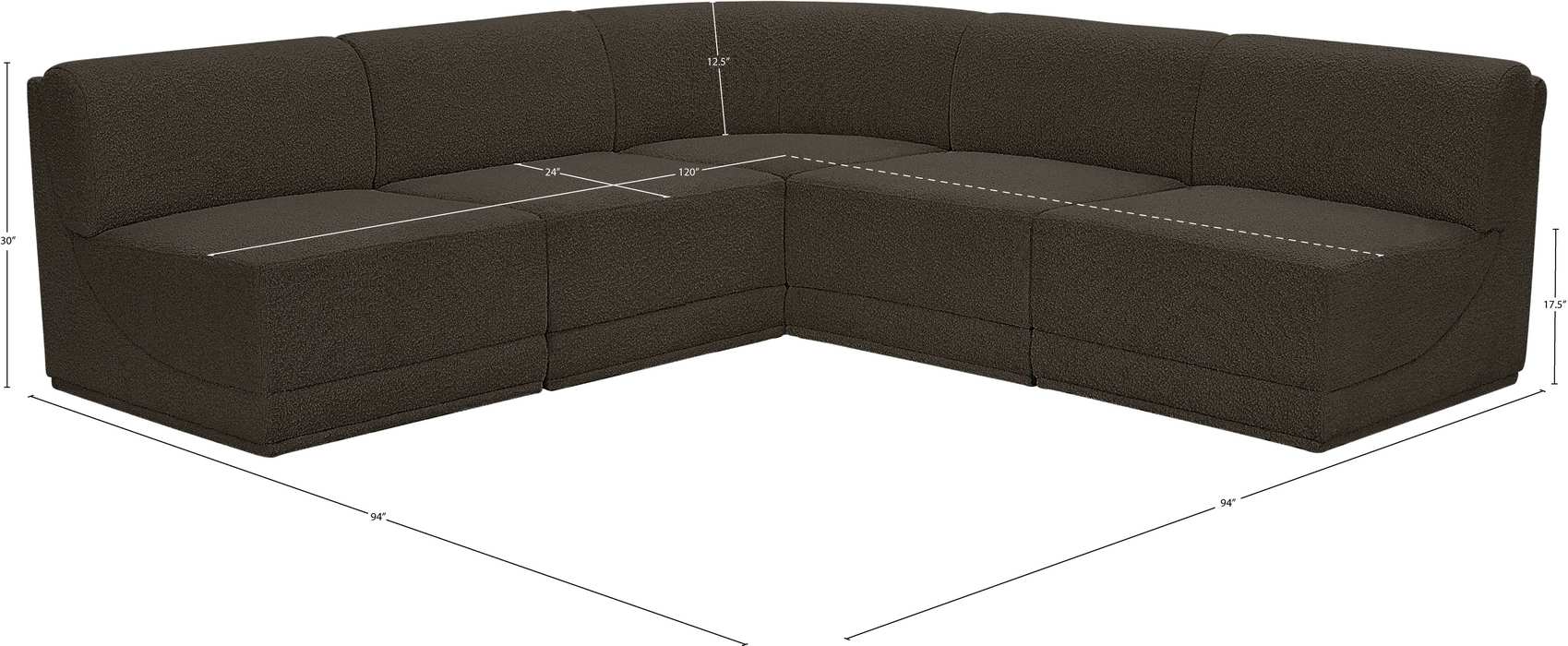 Meridian Furniture - Ollie 94" Brown Boucle Fabric Upholstered 5pc. Sectional - 118Brown-Sec5C - GreatFurnitureDeal