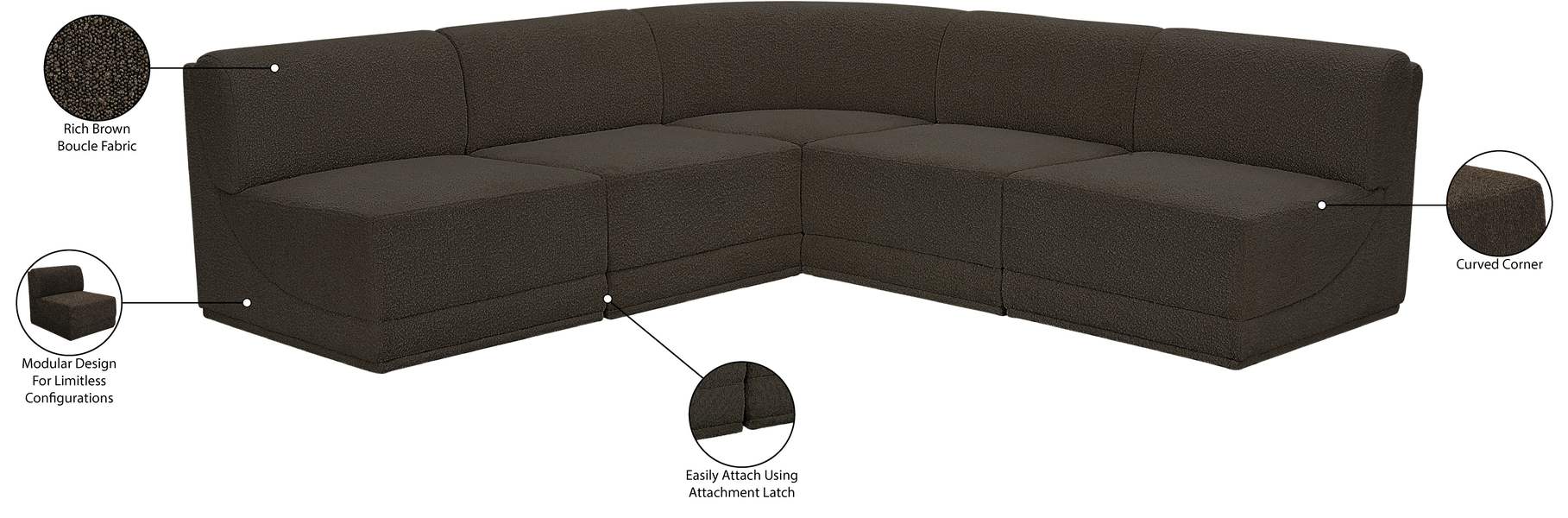 Meridian Furniture - Ollie 94" Brown Boucle Fabric Upholstered 5pc. Sectional - 118Brown-Sec5C - GreatFurnitureDeal
