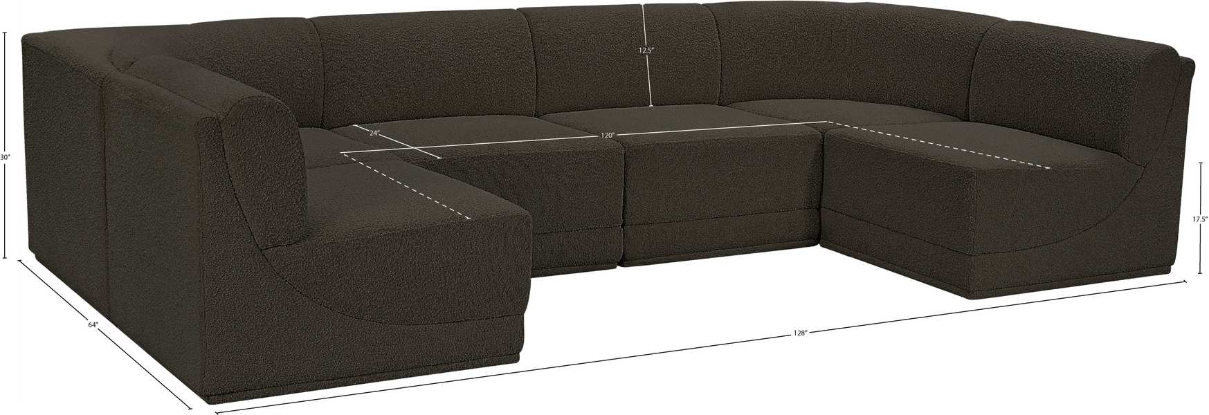 Meridian Furniture - Ollie 128" Brown Boucle Fabric Upholstered 6pc. Sectional - 118Brown-Sec6B - GreatFurnitureDeal