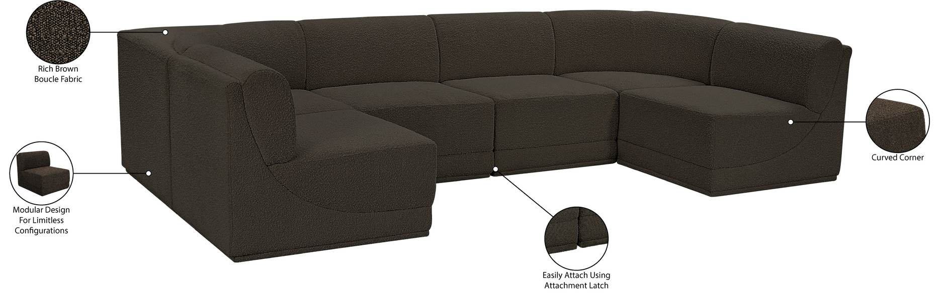 Meridian Furniture - Ollie 128" Brown Boucle Fabric Upholstered 6pc. Sectional - 118Brown-Sec6B - GreatFurnitureDeal