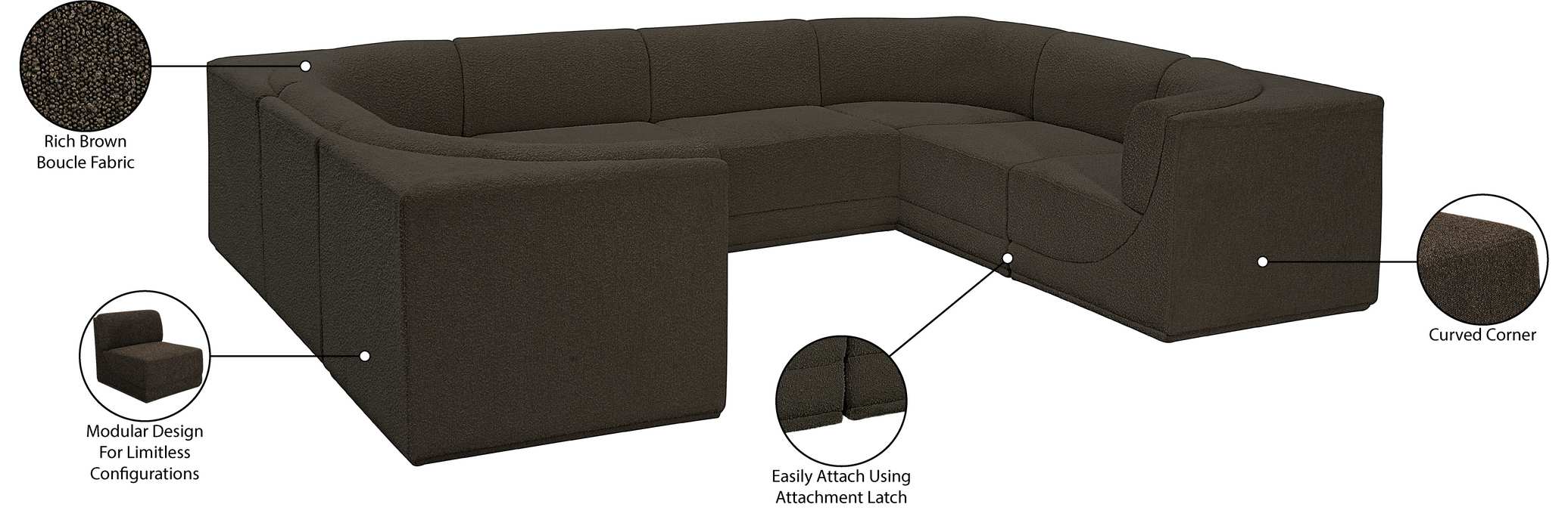 Meridian Furniture - Ollie 128" Brown Boucle Fabric Upholstered 8pc. Sectional - 118Brown-Sec8A - GreatFurnitureDeal