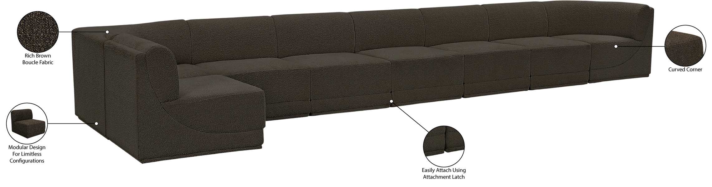 Meridian Furniture - Ollie 218" Brown Boucle Fabric Upholstered 8pc. Sectional - 118Brown-Sec8C - GreatFurnitureDeal