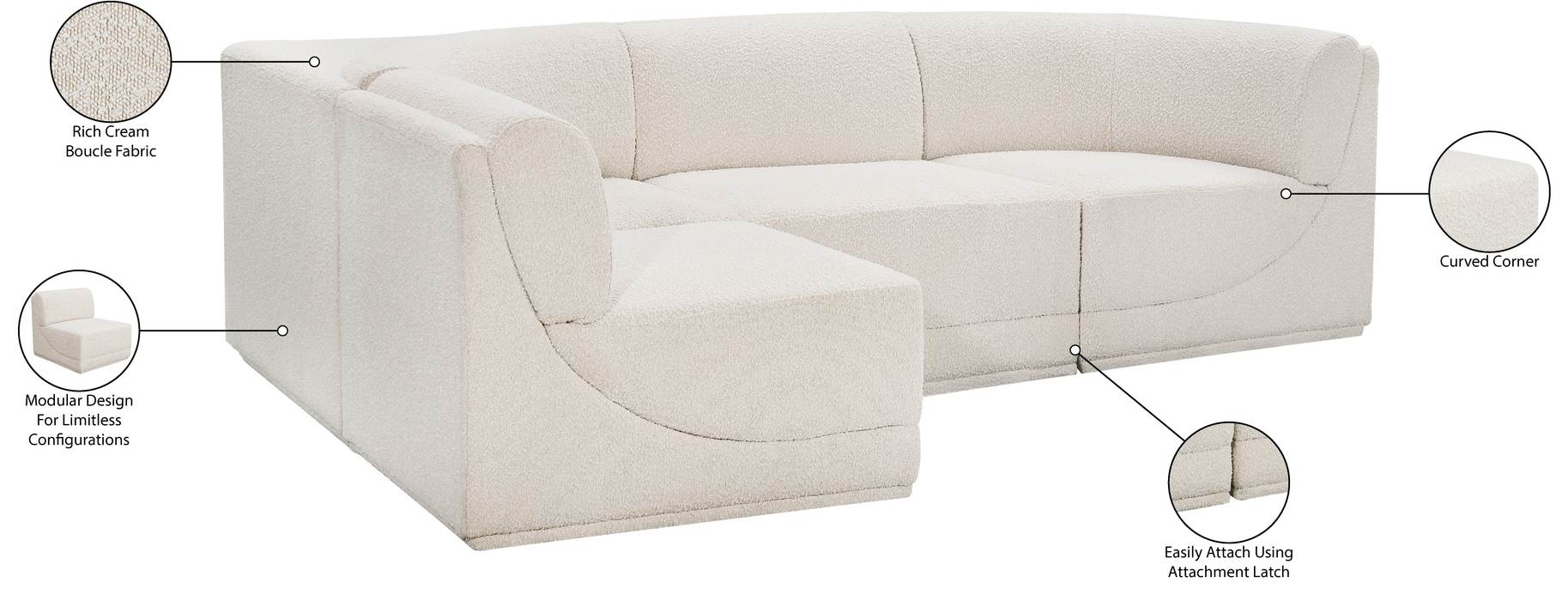 Meridian Furniture - Ollie 98" Cream Boucle Fabric Upholstered 4pc. Sectional - 118Cream-Sec4A - GreatFurnitureDeal