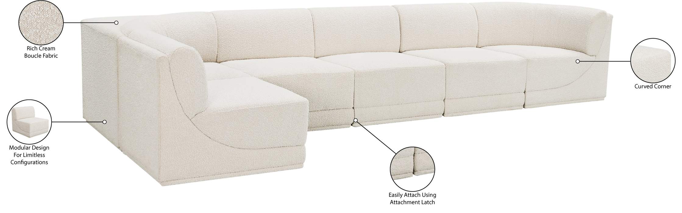 Meridian Furniture - Ollie 158" Cream Boucle Fabric Upholstered 6pc. Sectional - 118Cream-Sec6A - GreatFurnitureDeal