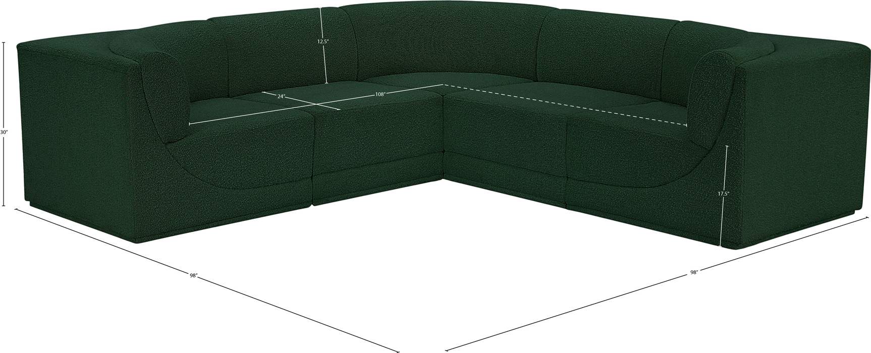 Meridian Furniture - Ollie 98" Green Boucle Fabric Upholstered 5pc. Sectional - 118Green-Sec5B - GreatFurnitureDeal