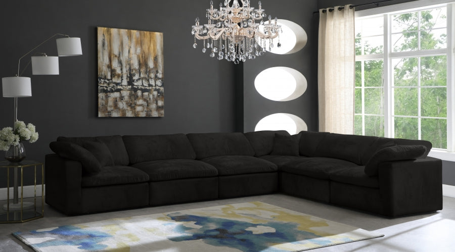 Meridian Furniture - Cozy 158" Velvet Upholstered Overstuffed Fiber Filled Comfort Comfort 6 Piece Modular Sectional - 634Black-Sec6A - GreatFurnitureDeal