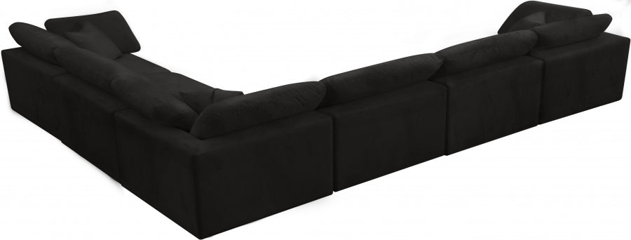 Meridian Furniture - Cozy 158" Velvet Upholstered Overstuffed Fiber Filled Comfort Comfort 6 Piece Modular Sectional - 634Black-Sec6A - GreatFurnitureDeal