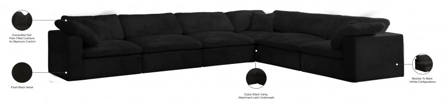 Meridian Furniture - Cozy 158" Velvet Upholstered Overstuffed Fiber Filled Comfort Comfort 6 Piece Modular Sectional - 634Black-Sec6A - GreatFurnitureDeal