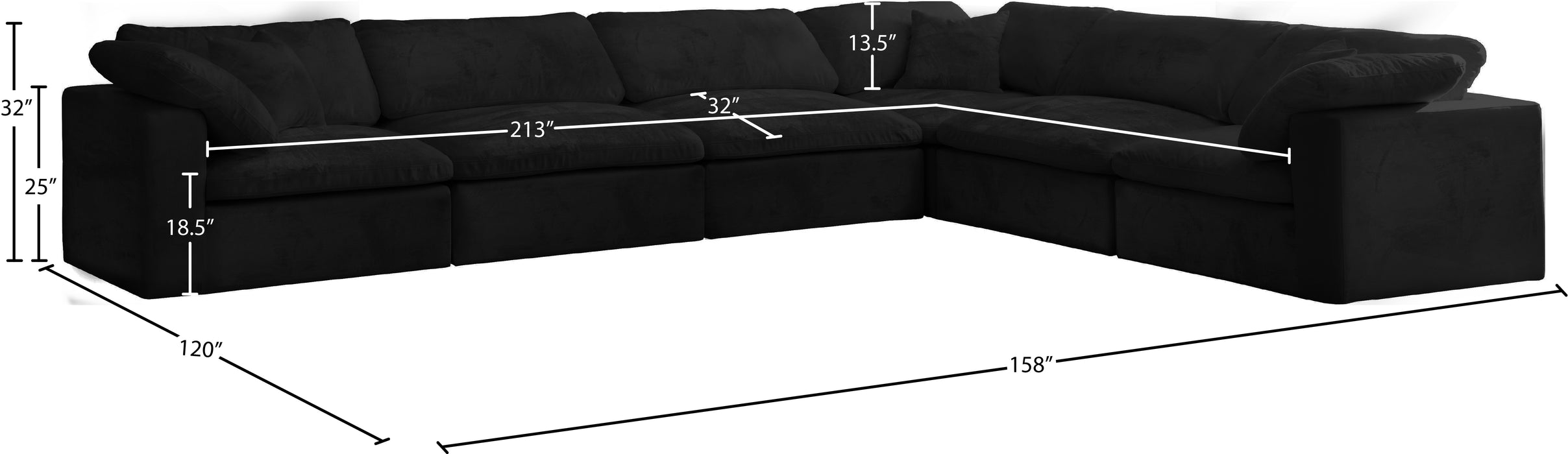 Meridian Furniture - Cozy 158" Velvet Upholstered Overstuffed Fiber Filled Comfort Comfort 6 Piece Modular Sectional - 634Black-Sec6A - GreatFurnitureDeal