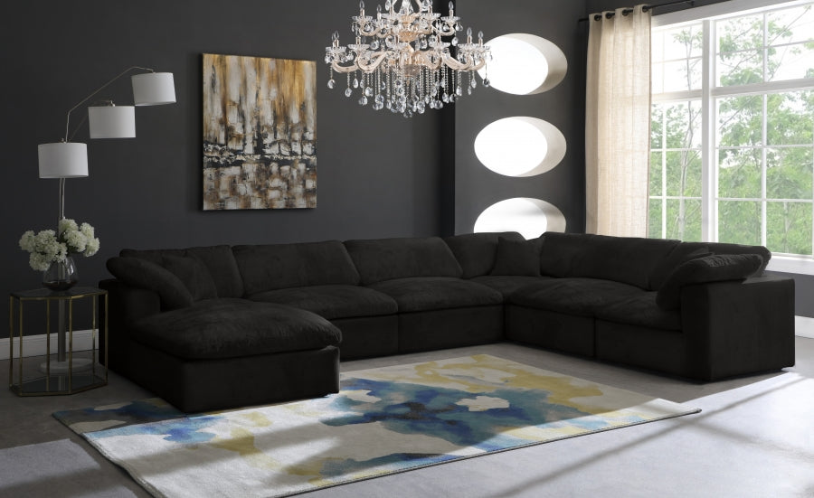Meridian Furniture - Cozy 158" Velvet Upholstered Overstuffed Fiber Filled Comfort Comfort 7 Piece Modular Sectional - 634Black-Sec7A - GreatFurnitureDeal