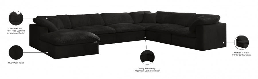 Meridian Furniture - Cozy 158" Velvet Upholstered Overstuffed Fiber Filled Comfort Comfort 7 Piece Modular Sectional - 634Black-Sec7A - GreatFurnitureDeal