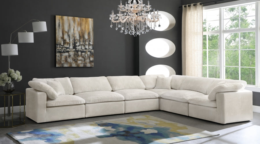 Meridian Furniture - Cozy 158" Velvet Upholstered Overstuffed Fiber Filled Comfort Comfort 6 Piece Modular Sectional - 634Cream-Sec6A - GreatFurnitureDeal