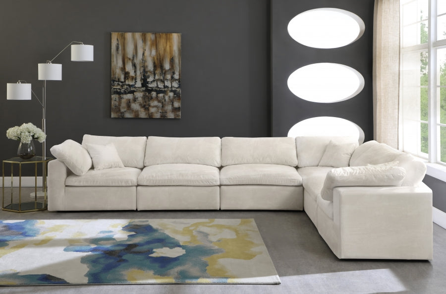 Meridian Furniture - Cozy 158" Velvet Upholstered Overstuffed Fiber Filled Comfort Comfort 6 Piece Modular Sectional - 634Cream-Sec6A - GreatFurnitureDeal