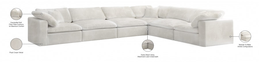 Meridian Furniture - Cozy 158" Velvet Upholstered Overstuffed Fiber Filled Comfort Comfort 6 Piece Modular Sectional - 634Cream-Sec6A - GreatFurnitureDeal