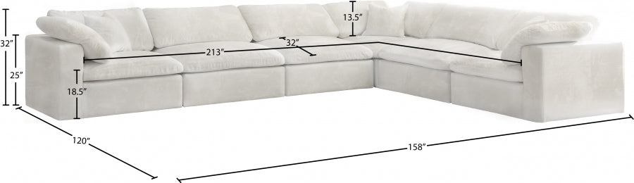 Meridian Furniture - Cozy 158" Velvet Upholstered Overstuffed Fiber Filled Comfort Comfort 6 Piece Modular Sectional - 634Cream-Sec6A - GreatFurnitureDeal