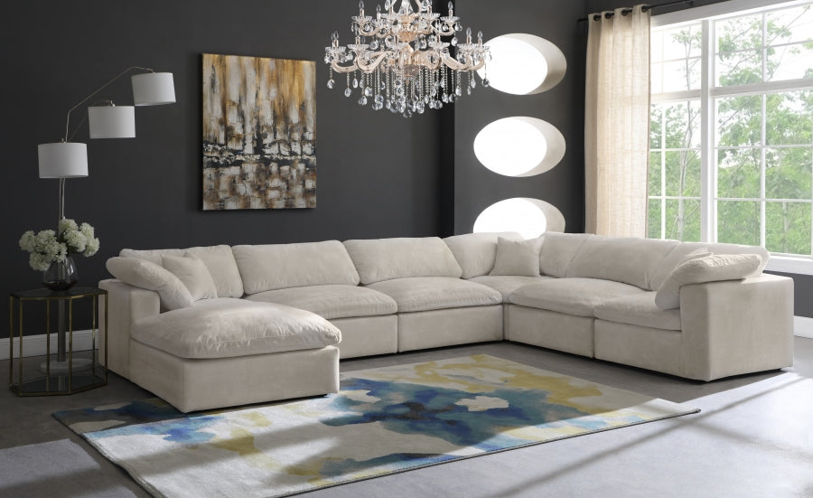 Meridian Furniture - Cozy 158" Velvet Upholstered Overstuffed Fiber Filled Comfort Comfort 7 Piece Modular Sectional - 634Cream-Sec7A - GreatFurnitureDeal