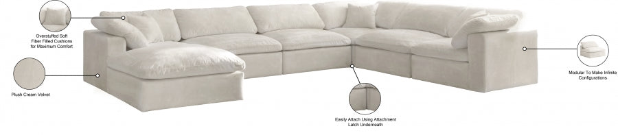 Meridian Furniture - Cozy 158" Velvet Upholstered Overstuffed Fiber Filled Comfort Comfort 7 Piece Modular Sectional - 634Cream-Sec7A - GreatFurnitureDeal