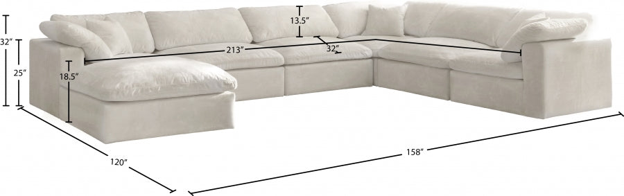 Meridian Furniture - Cozy 158" Velvet Upholstered Overstuffed Fiber Filled Comfort Comfort 7 Piece Modular Sectional - 634Cream-Sec7A - GreatFurnitureDeal