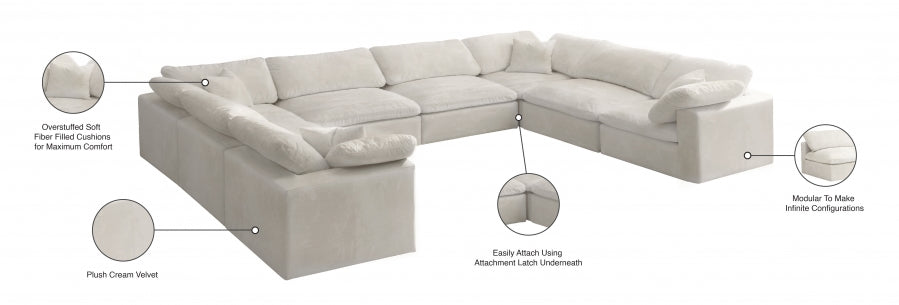 Meridian Furniture - Cozy 158" Velvet Upholstered Overstuffed Fiber Filled Comfort Comfort 8 Piece Modular Sectional - 634Cream-Sec8A - GreatFurnitureDeal