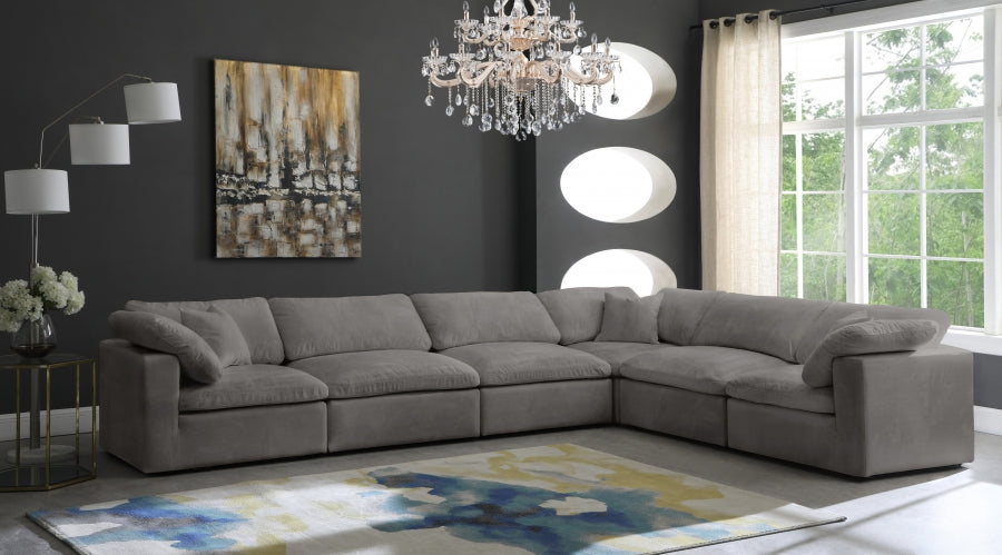 Meridian Furniture - Cozy 158" Velvet Upholstered Overstuffed Fiber Filled Comfort Comfort 6 Piece Modular Sectional - 634Grey-Sec6A - GreatFurnitureDeal