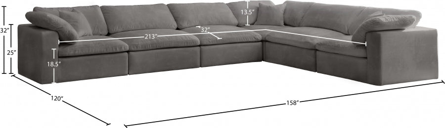 Meridian Furniture - Cozy 158" Velvet Upholstered Overstuffed Fiber Filled Comfort Comfort 6 Piece Modular Sectional - 634Grey-Sec6A - GreatFurnitureDeal